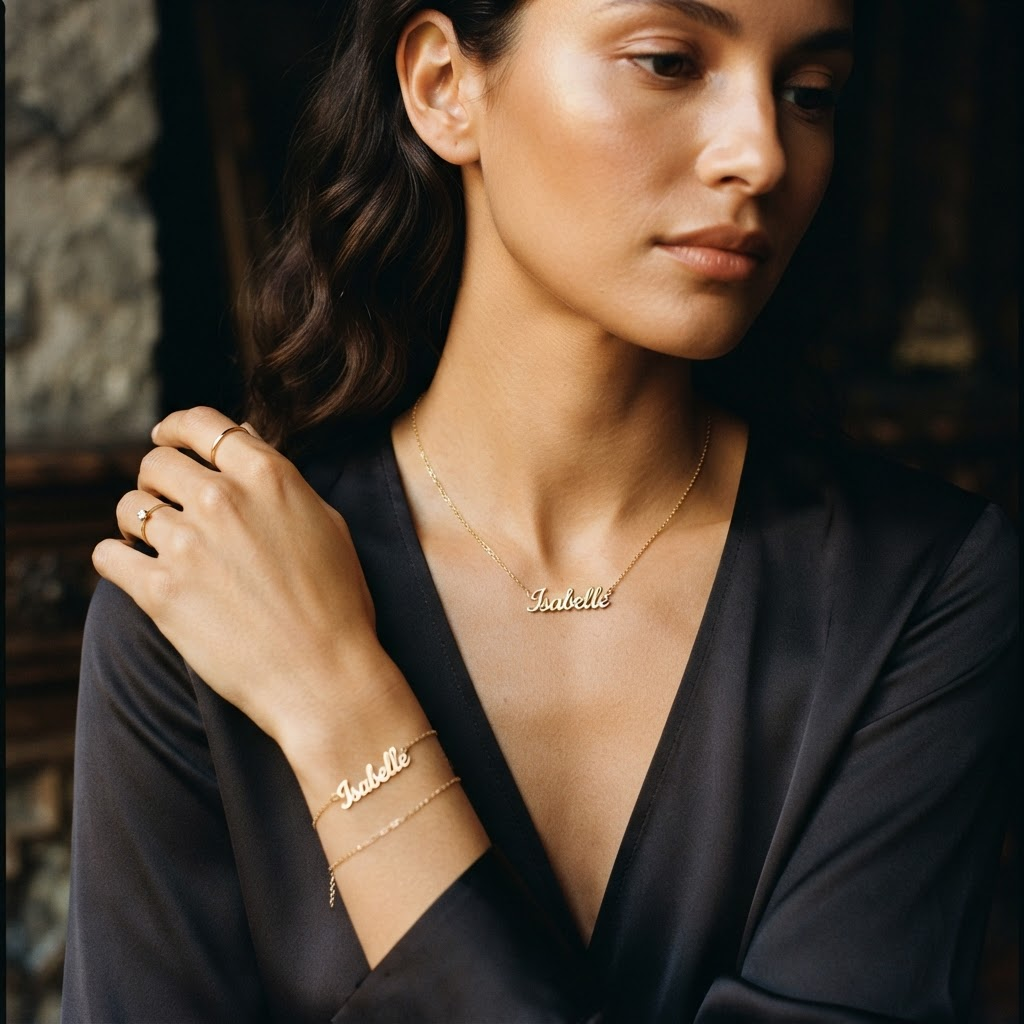 Model wearing a personalized gold name necklace and bracelet